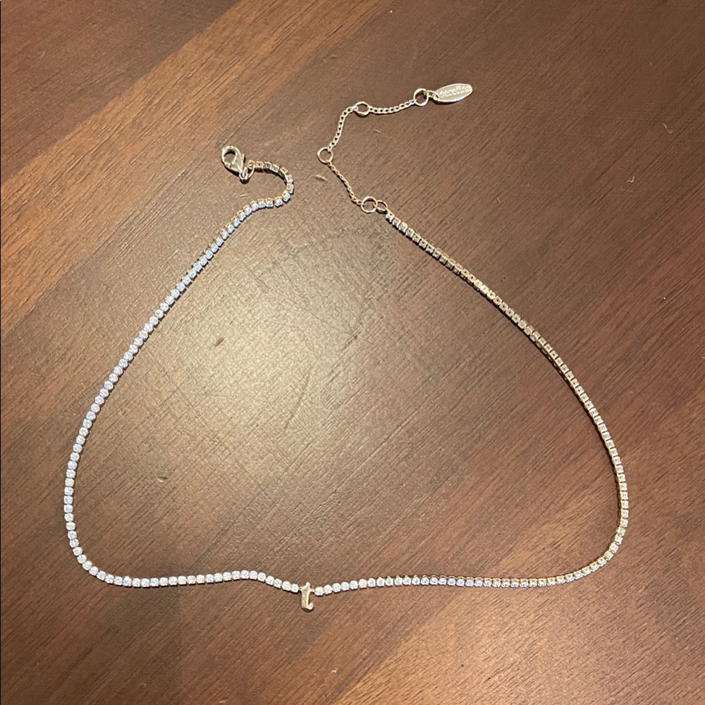 Anthropologie Gold Tennis Necklace - with “T” initial